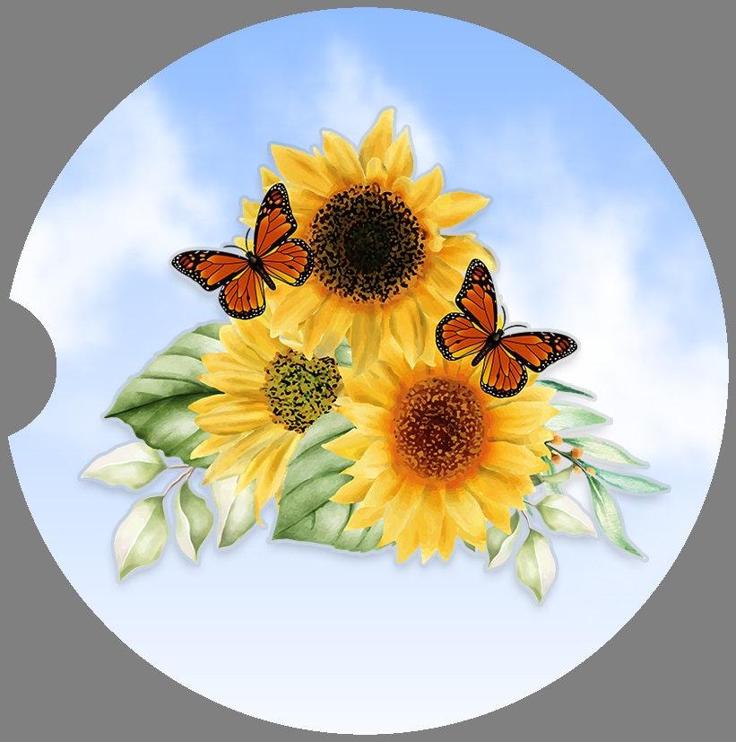 Sunflowers and Monarch Butterflies Art Car Coasters  - Matching Pair - Schoppix Gifts