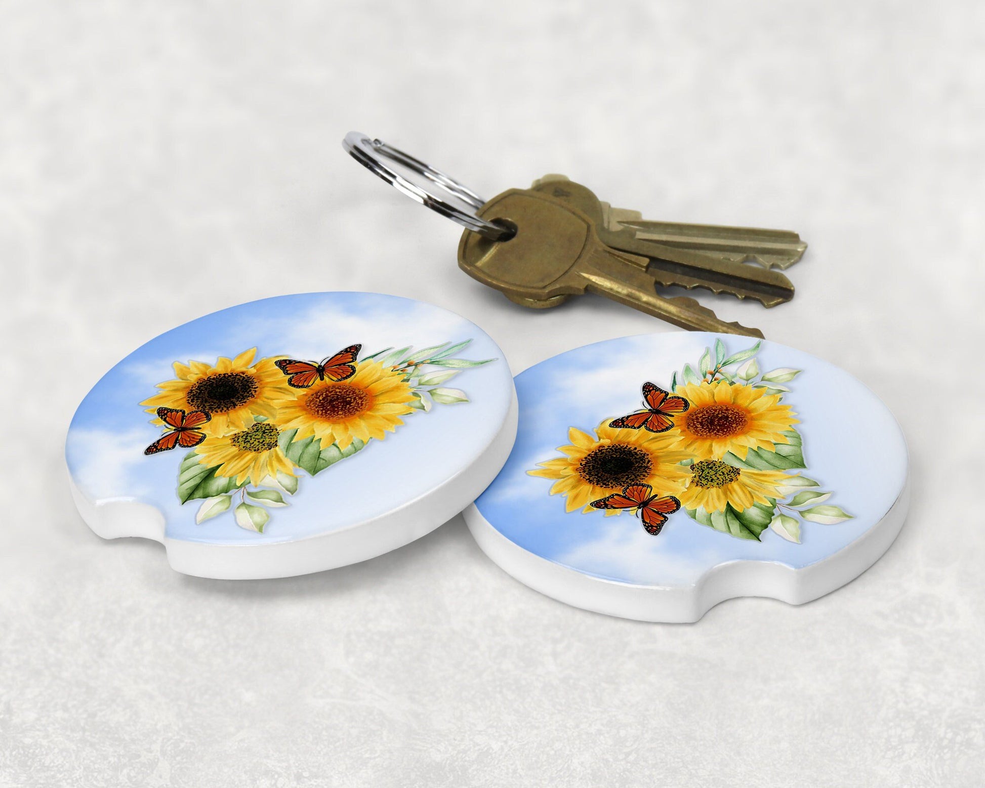 Sunflowers and Monarch Butterflies Art Car Coasters  - Matching Pair - Schoppix Gifts