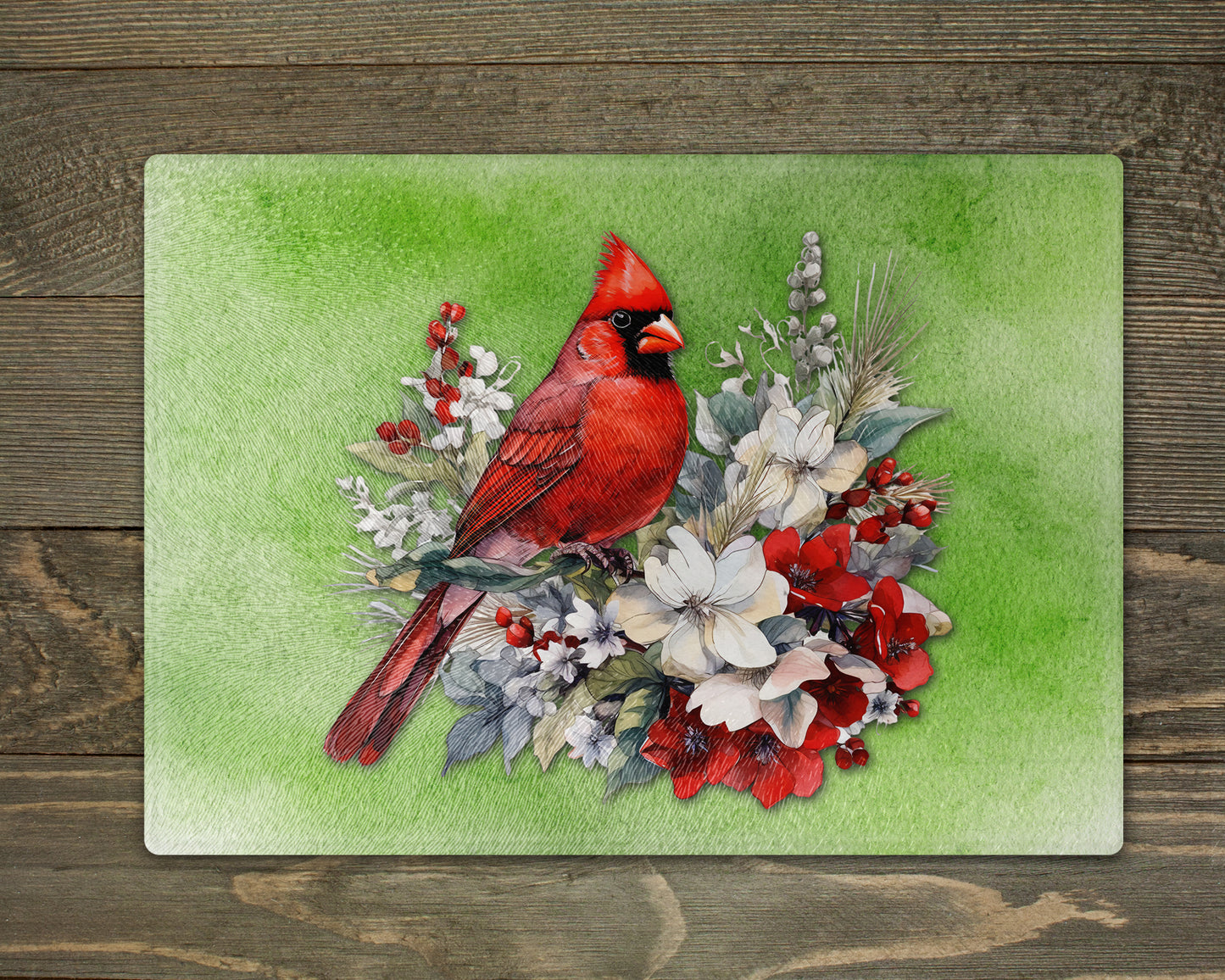 a painting of a cardinal sitting on top of flowers