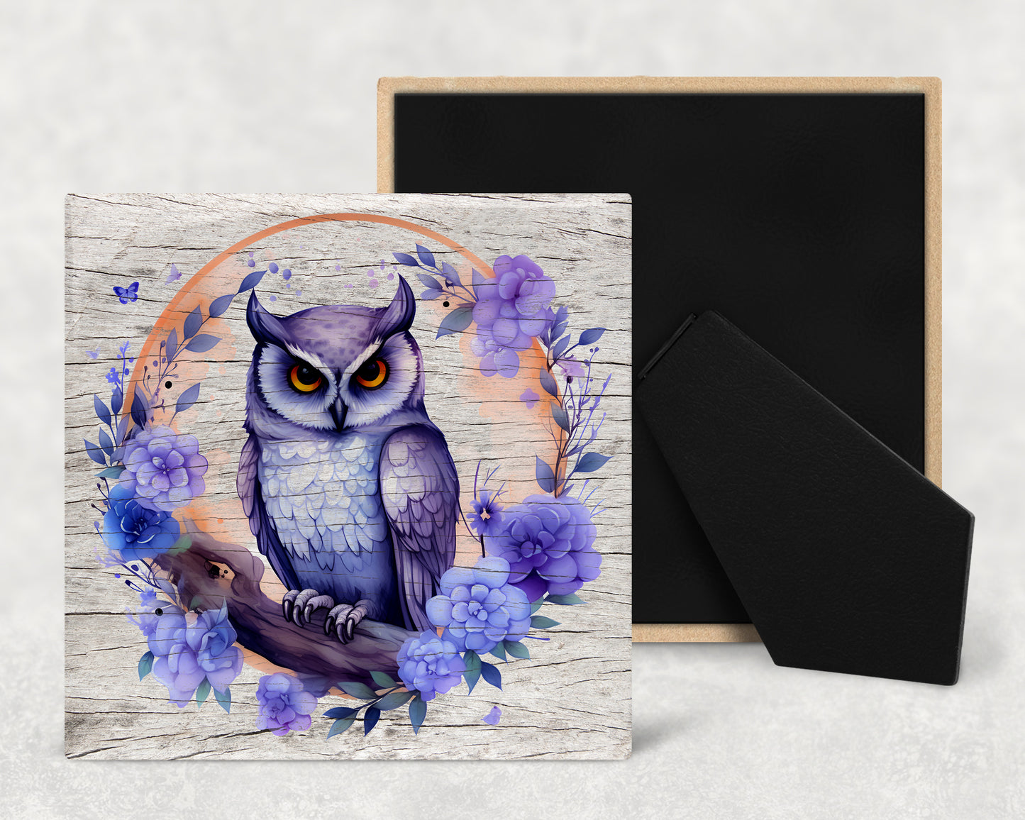 Watercolor Owl on Wood Texture Art Decorative Ceramic Tile with Optional Easel Back - Available in 3 Sizes