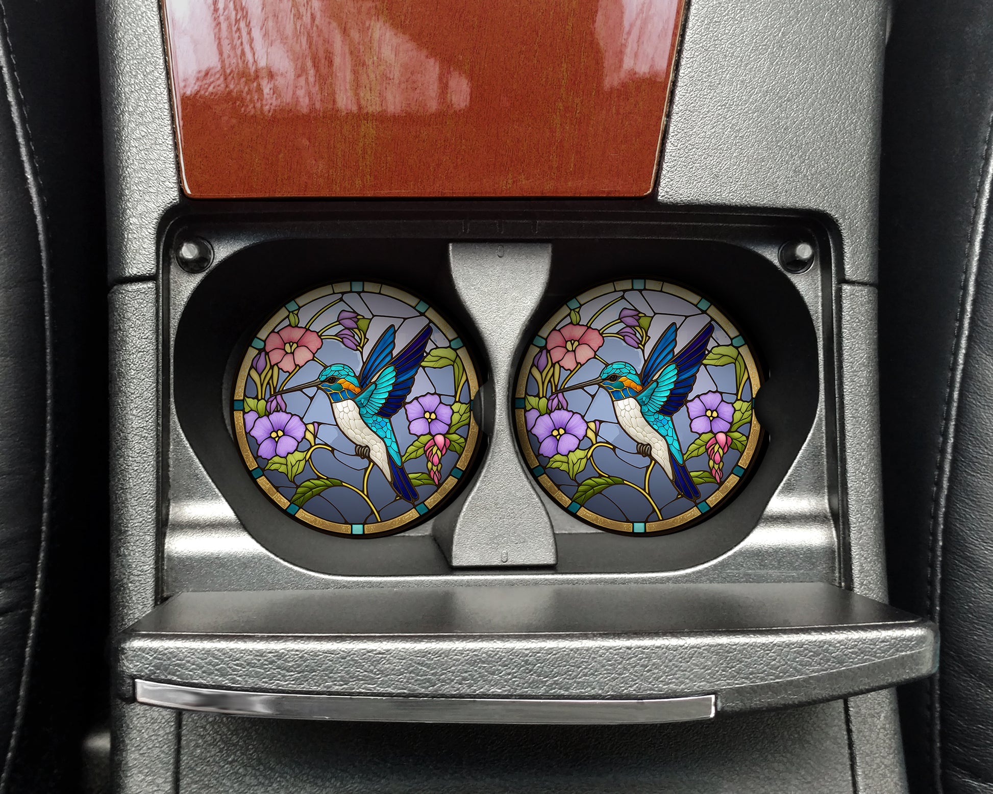 a couple of round stained glass windows in a car