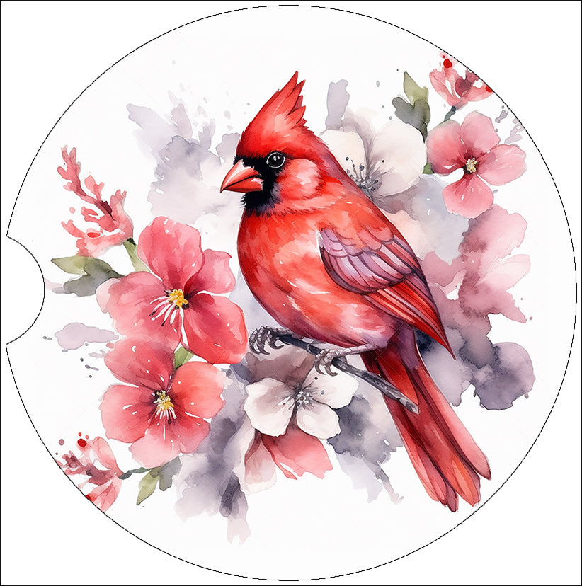a watercolor painting of a cardinal on a branch with flowers