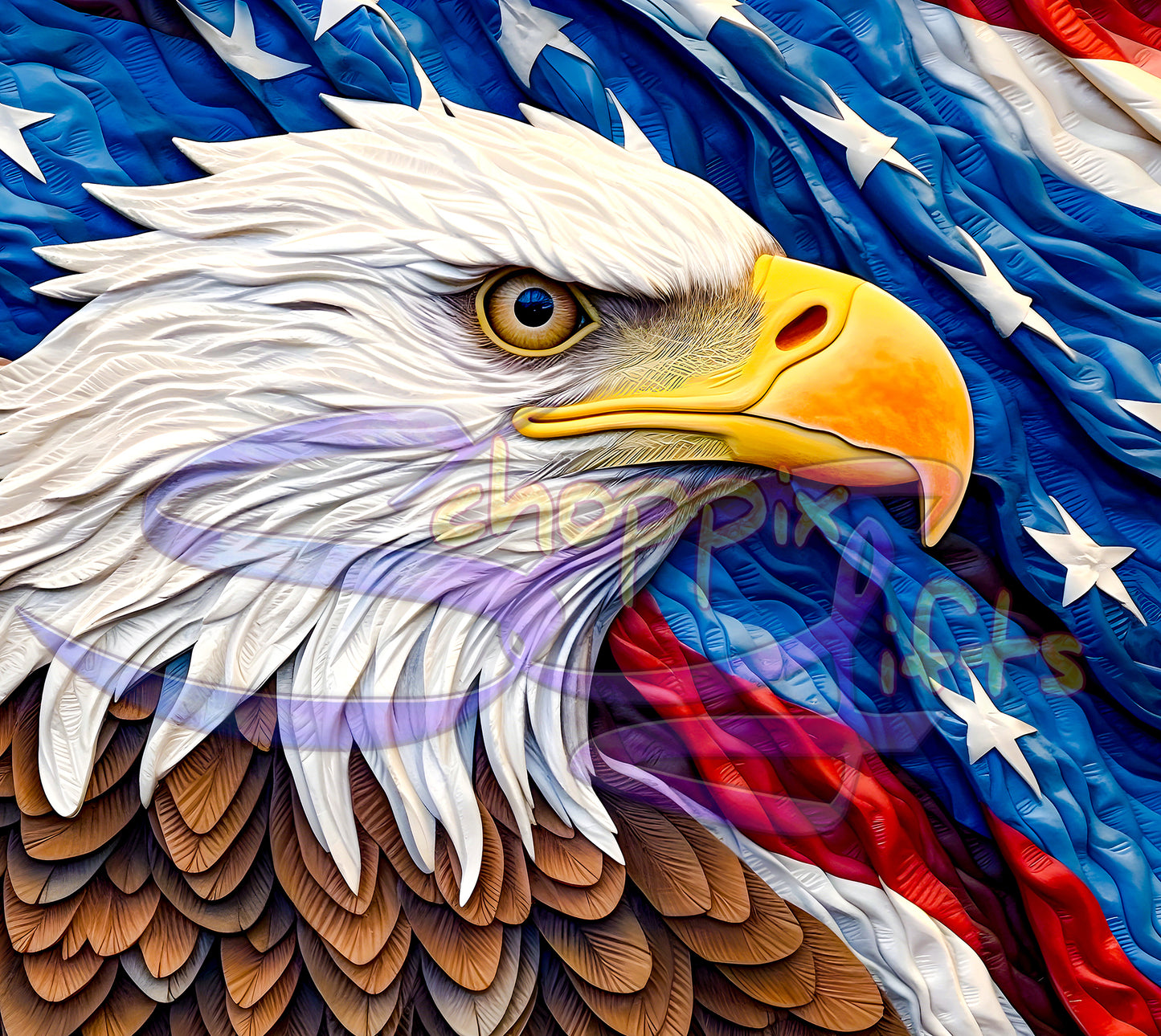 a painting of an eagle with the american flag in the background