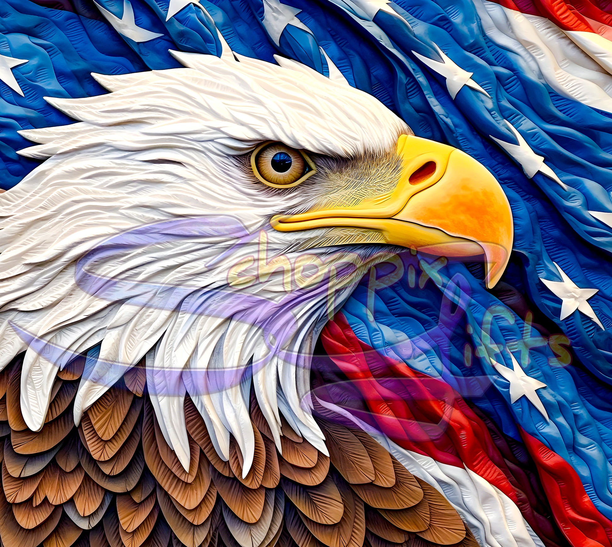 a painting of an eagle with the american flag in the background