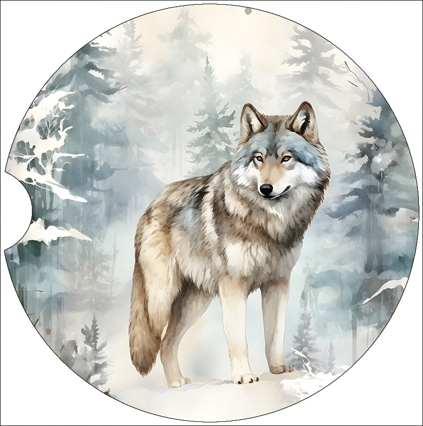 a painting of a wolf standing in the snow