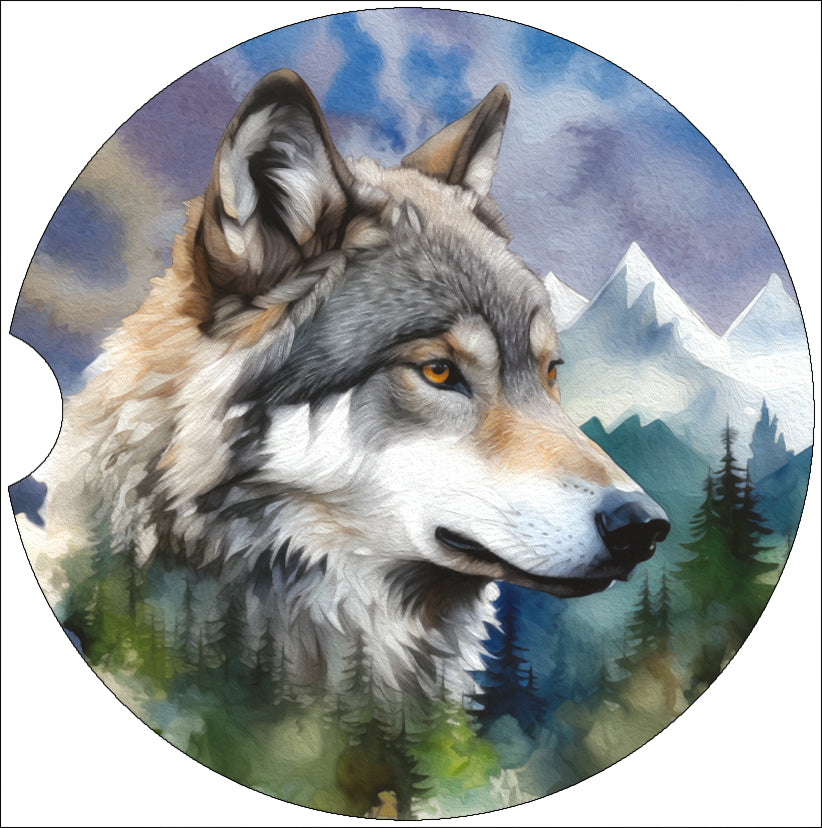 a painting of a wolf with mountains in the background