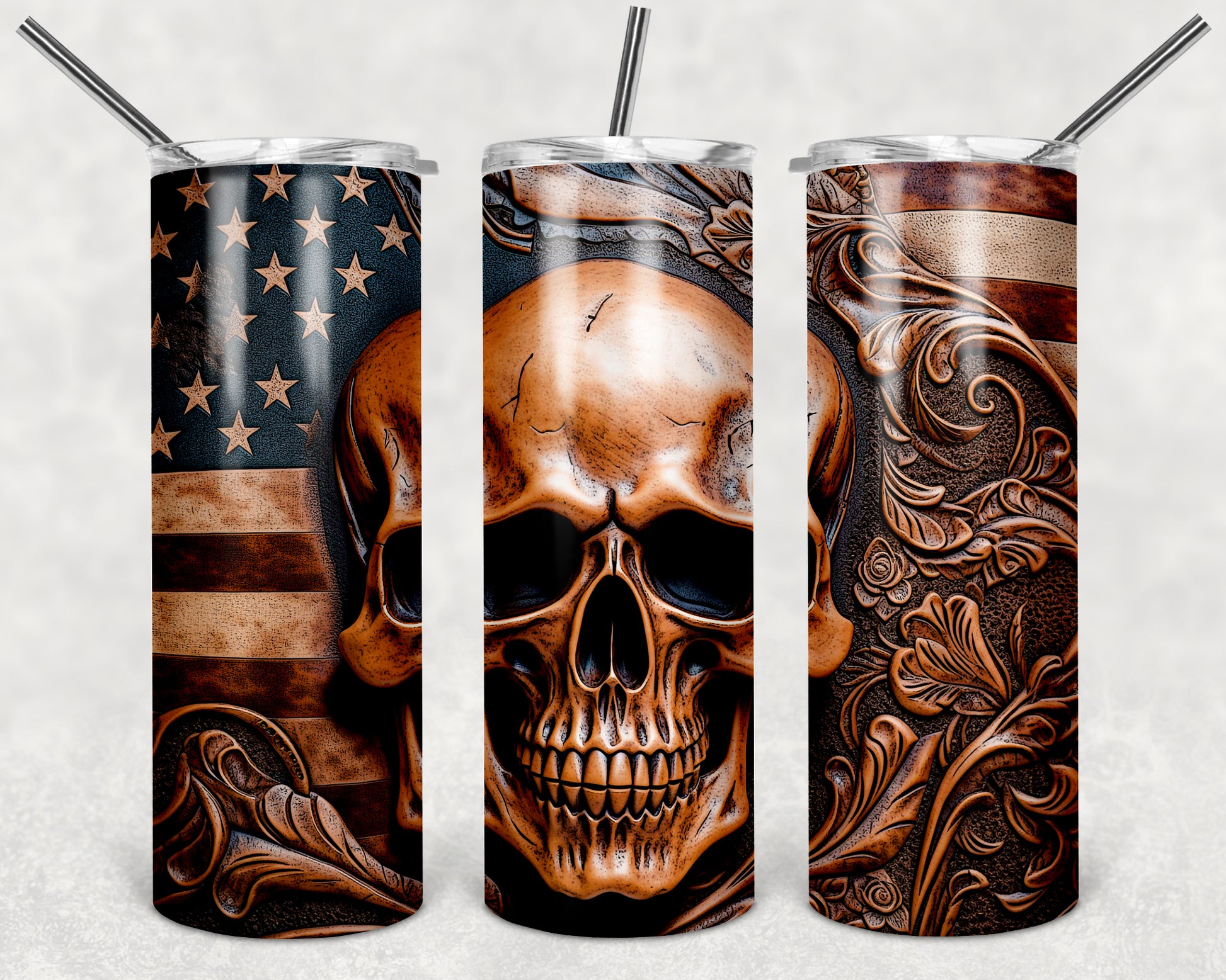 a pair of tumblers with a picture of a skull and an american flag