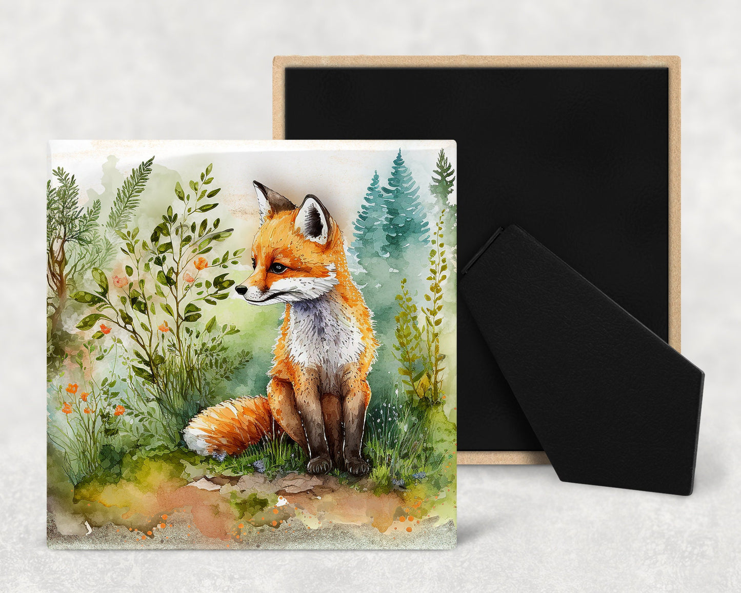 Cute Watercolor Baby Fox Art Decorative Ceramic Tile with Optional Easel Back - Available in 3 Sizes