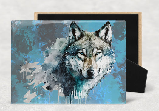 Wolf Portrait Splatter Art Decorative Ceramic Tile with Optional Easel Back - 6x8 inches