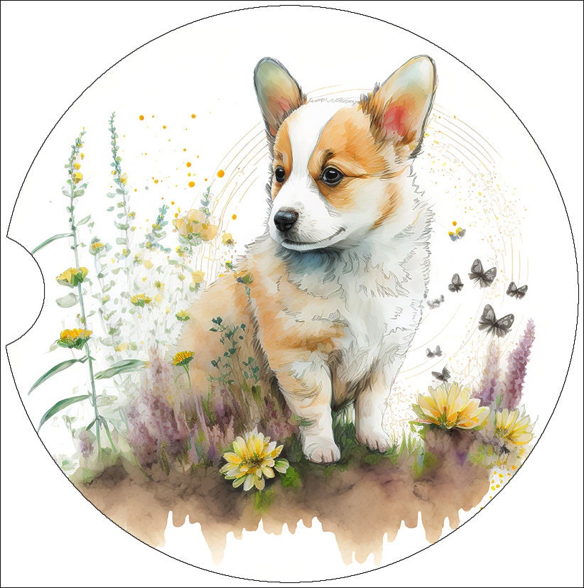 Watercolor Corgi Puppy Art Car Coasters  - Matching Pair - Set of 2