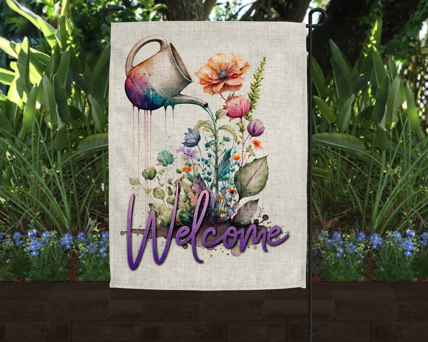 Welcome Floral Water Can Art Linen Garden Flag|Outdoor Decor|Garden Decor|Home Decor