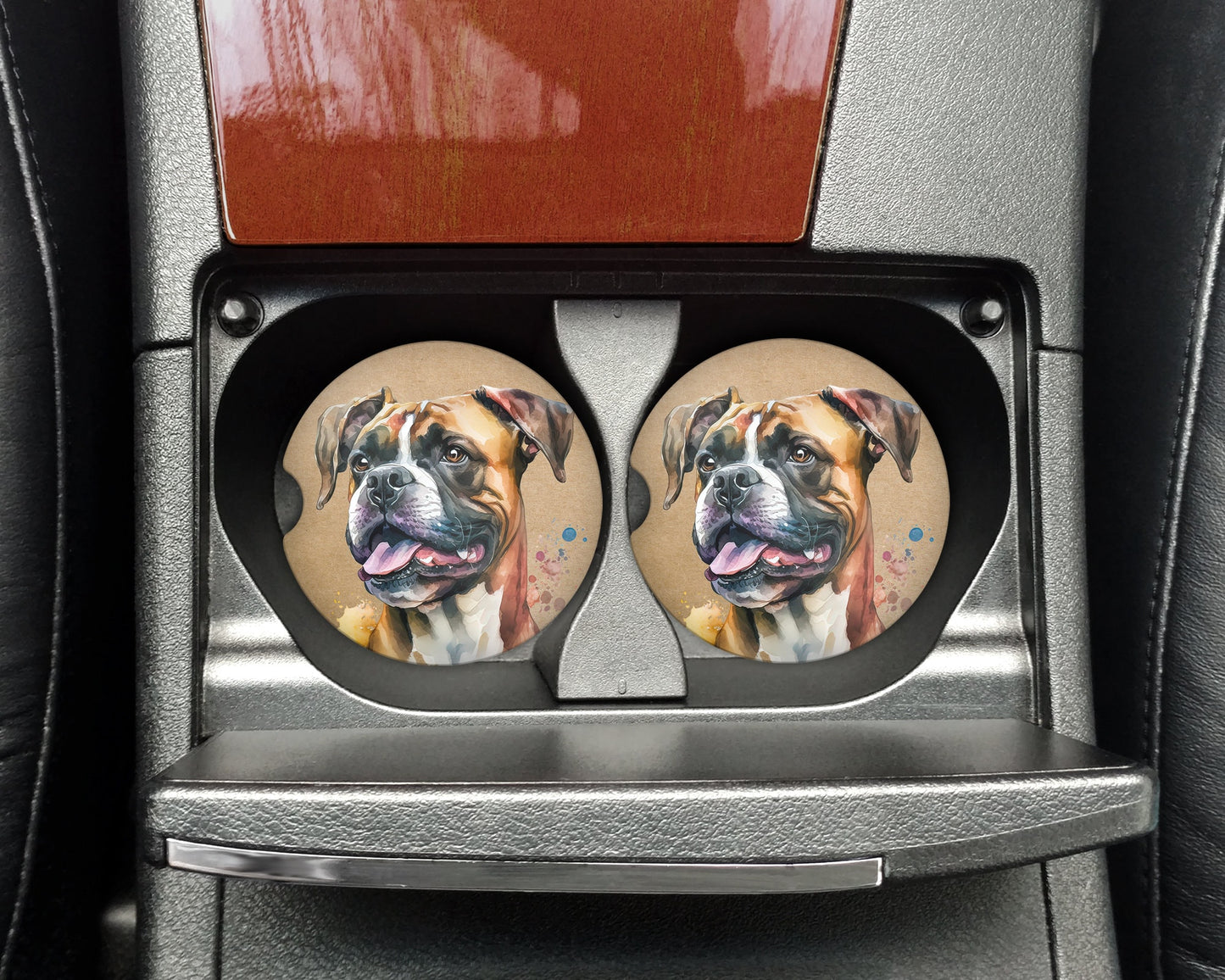 Watercolor Boxer Art Car CoastersBoxer Owners|Dog Lovers - Matching Pair - Set of 2