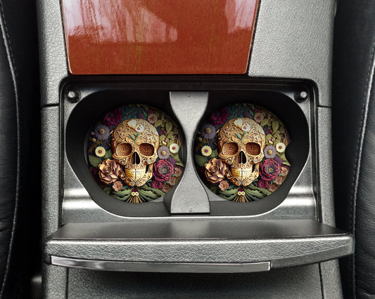 3D Effect Skull and Flowers  Art Car Coasters - Matching Pair - Set of 2