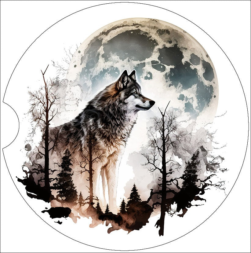 Wolf by Moon Art Car Coasters - Matching Pair - Set of 2