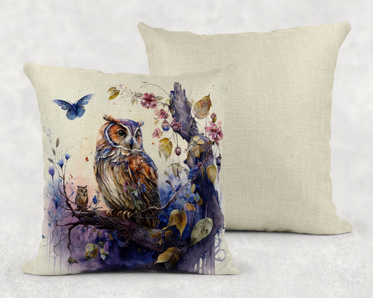 15.75 Inch Watercolor Floral Owl Art Linen Throw Pillow Sham