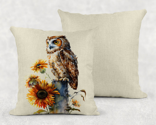 15.75 Inch Watercolor Floral Owl Art Linen Throw Pillow Sham