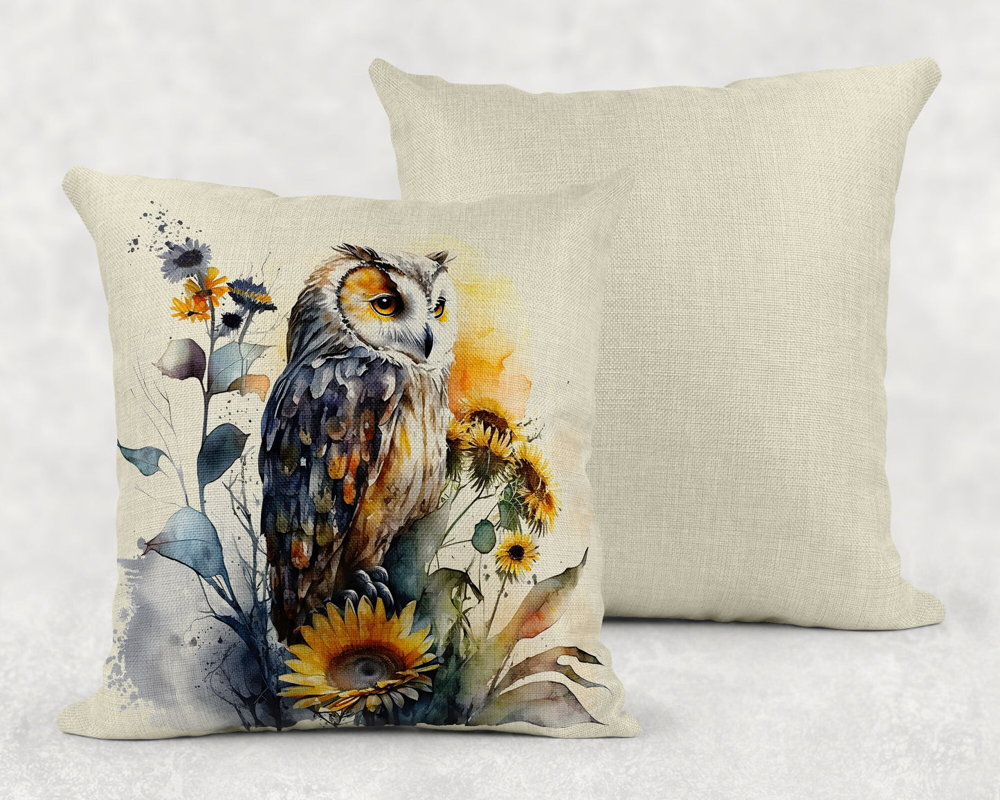 15.75 Inch Watercolor Floral Owl Art Linen Throw Pillow Sham