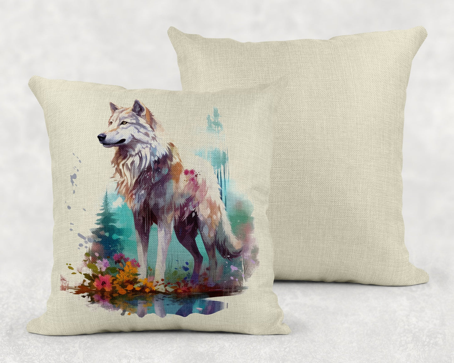 15.75 Inch Watercolor Wolf Art Linen Throw Pillow Sham